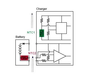 應用 NTC 熱敏電阻器的溫度檢測的二次電池和充電器的電路實例